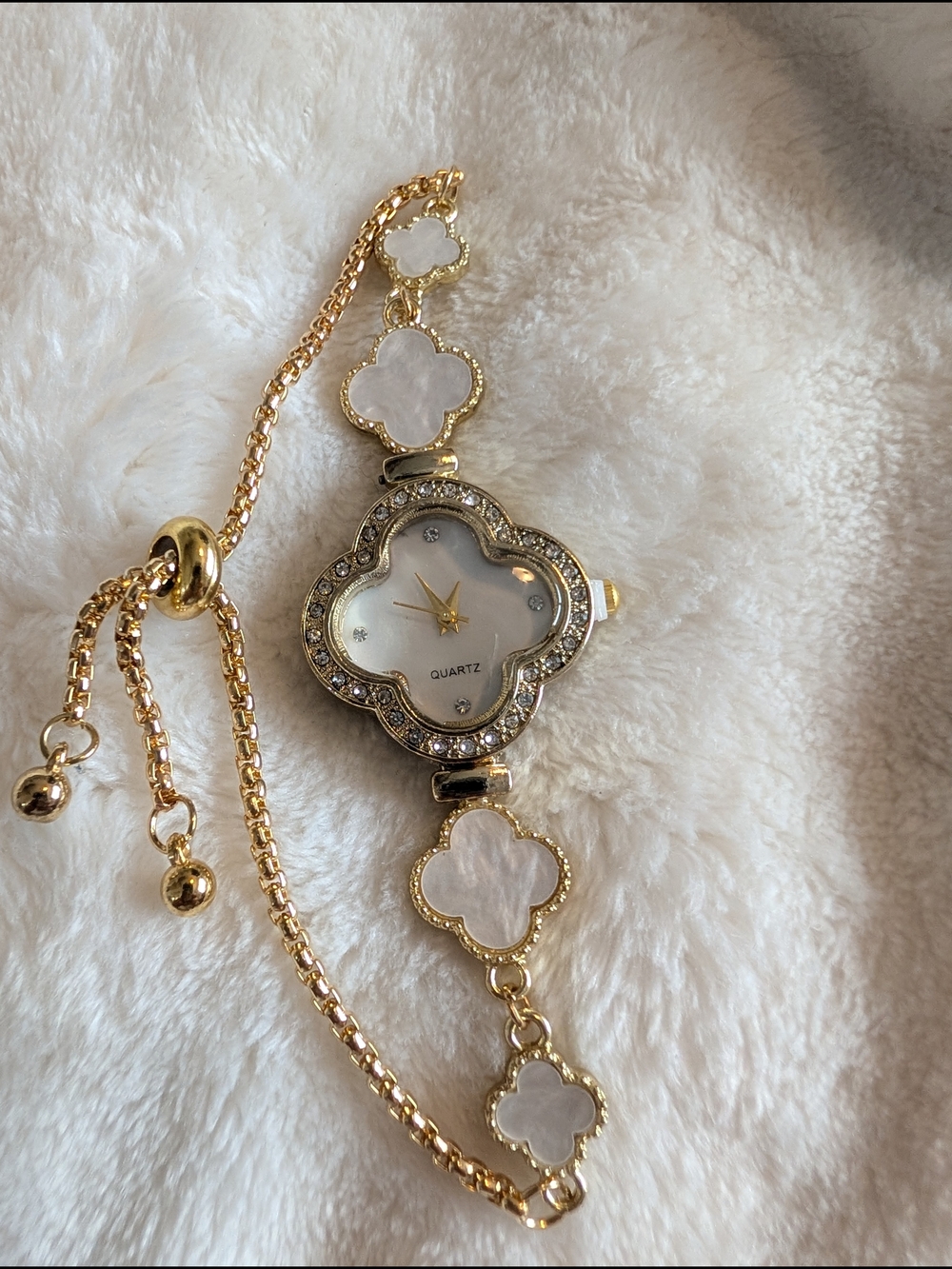 Gold Tone Clover Mother of Pearl Inspired Quartz Watch Bracelet Adjustable